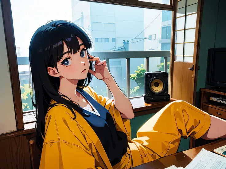 A masterpiece, top quality, a woman sitting by the window of an old apartment, enjoying LOFI music playing from a vintage record player, depicted in the 1980s Japanese anime style. Featuring a young woman with large expressive eyes, voluminous black hair w...