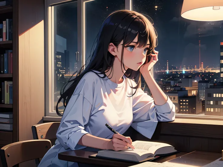 1 cool girl, studying, window, raining, desk, book, sideface, night view, detailed face, city view, long t-shirts, hight resolution, Water droplets on the window