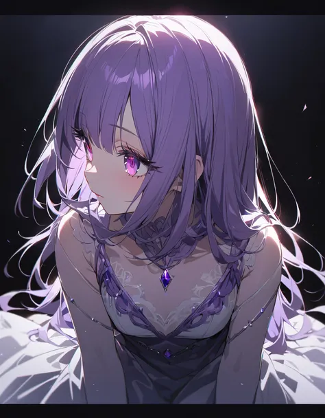 (Sketches),(eyelash:1.3),(Black background:1.2),View ViewerHigh Resolution, Cute One Girl, Beautiful and fine details, Long purple hair, Pale red eyes, Original Costume、Princess Dress, Glowing Skin, 前かがみSide Shotハイコントラストの女の子, Sitting, Side Shot, (null:1.3)...