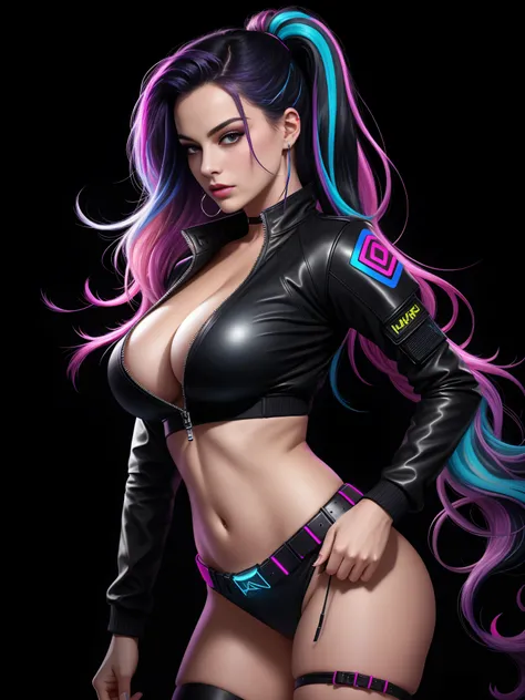 there is Margot Robbie, navy blue and bright purple neon streaked hair, hair in pony tail, 3 d neon art of a womans body, neon-noir background, cyberpunk femme fatale, seductive cyberpunk dark fantasy, cyberpunk strip clubs, cyberpunk 20 y. o model girl, o...