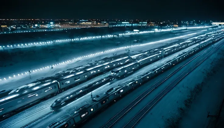 very long train, 1024 vehicles, Running in extreme cold, Tens of thousands of passengers, futuristic vehicle, Footage from the air, Night view