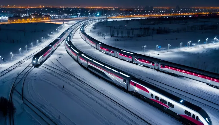 very long train, 1024 vehicles, Running in extreme cold, Tens of thousands of passengers, futuristic vehicle, Footage from the air, Night view