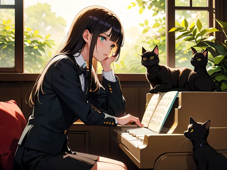 A beautiful girl with long brunette hair and a blazer uniform, Black cat, Cafe, coffee, Calm and gentle tempo, piano, gentle sunlight, Talk to cats, Fresh green tree through an open window々I can see the light and a quiet breeze is blowing.