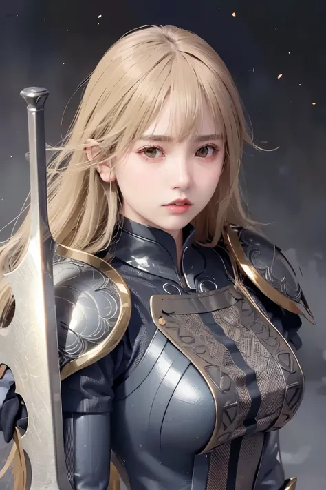 Knight, black and silver intricate armor, black as the base, lots of detail, anime style, brown medium tone skin, blonde hair, light green eyes, facial scar, very large sword, lean figure, modest armor. Realistic armor. Close up, female, long blonde hair, ...