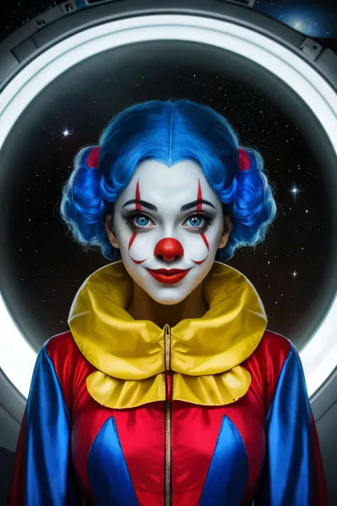 sci-fi photography portrait of a female clown in a space-ship