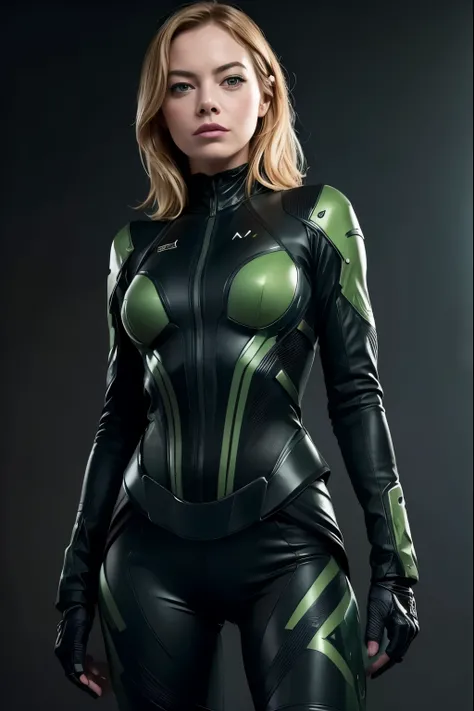 (melhor qualidade,4k,8K,high resolution,Obra de arte:1.2),ultra-detalhado,(realista,photorealista,photo-realista:1.37),cabelo loiro, Emma Stone, corpo todo, vestindo um elegante terno preto futurista de METAL GEAR com acabamento verde e preto brilhante.