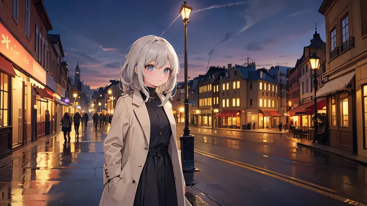 masterpiece, Highest quality, beautiful, {cinematic angle}, gray beige_hair, 1 Girl, {Girl in the distance}, downtown, {{In downtown}}, {outdoor}, Beautiful city of night dreams, City at night, {{Old European Town}}, Old street light