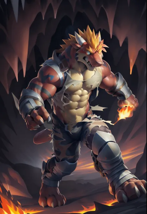 foreshortening, long shot, detailed background, ((dark cave, deep cave, inside volcano (Fire breathing, holding flame) )), delga, detailed eyes, (constricted_pupils, scowl, nervous, running, ((athletic slim, slim hunk, serious, scared), ripped clothes, arm...