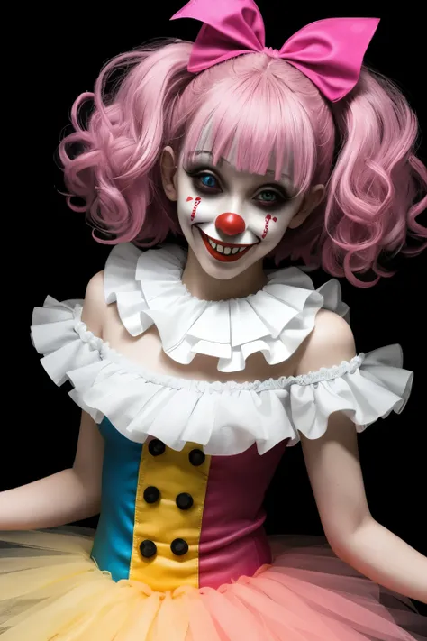 simple background, black background, crazy killer clown, pink tutu, looking at viewer,