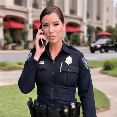 Laurence bedard in a police uniform holding a cell phone, wearing a police uniform, police officer, brave police j decker face, officer, bodycam, police uniform, full body camera shot, in black uniform, bodycam footage, sparkling-eyes, perfect-eyes, full-l...