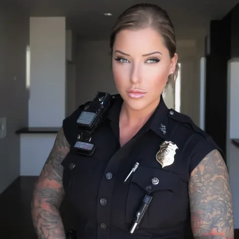 Laurence bedard in a police uniform holding a cell phone, wearing a police uniform, police officer, brave police j decker face, officer, bodycam, police uniform, full body camera shot, in black uniform, bodycam footage, sparkling-eyes, perfect-eyes, full-l...