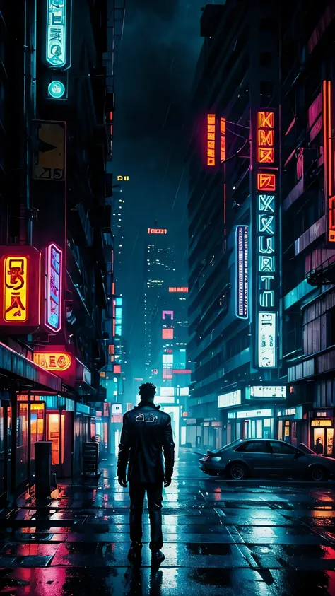 a realistic lonely cyberpunk man in the rain. neon lights on the background. melancholic photo