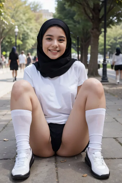 10 years old turkish girl wearing hijab white shirt black loose mini skirt long and beautiful legs white long socks black shoes very beautiful smiling sweet girl in the park high hd image quality upskirt image 