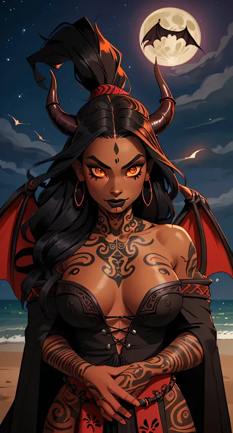 AotearoaMatariki, 1girl, solo, long hair, tattoo, facial tattoo, black lipstick, dragon wings, dragon tail, horns, busty, big breasts, chin tattoo, tribal tattoo, Maori, polynesian, tan skin, tan skinned female, black hair, covered, shirt, glowing eyes, fi...