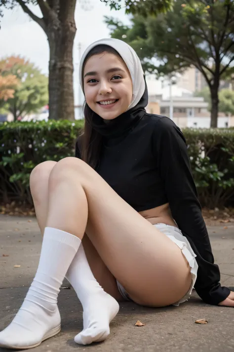 10 years old turkish girl wearing hijab white shirt black loose mini skirt long and beautiful legs white long socks black shoes very beautiful smiling sweet girl in the park high hd image quality upskirt image 