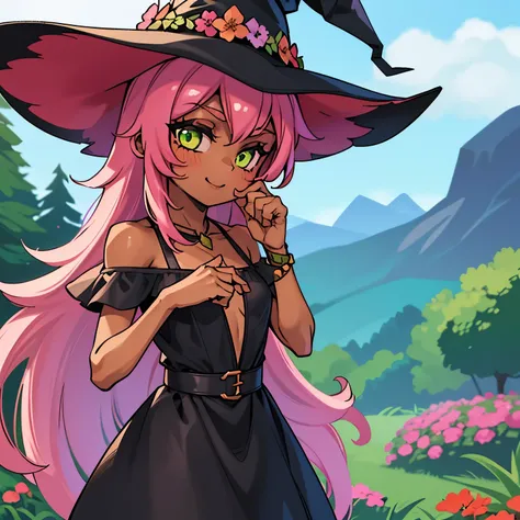 a girl with brown skin, pink hair, green eyes, wearing a shiny black dress, with a witchs hat, making an ok gesture with her hand, the environment around her completely full of flowers.
