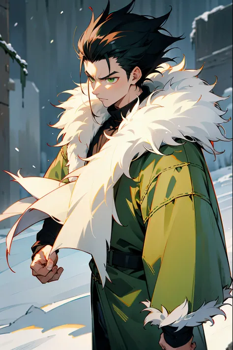 1male , Black Hair , Spiky Hair , Green Eyes , Standing on path in a snowy tundra , Combat Clothing , Chief’s Coat , Fur Coat , Serious Expression , Muscular , Adult