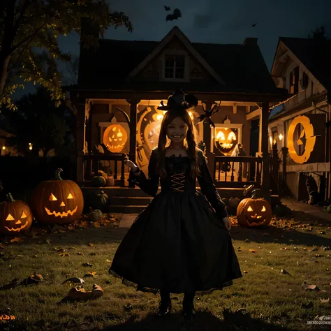 a cute halloween pumpkin, halloween pumpkin with a happy face, a colorful halloween scene, a spooky haunted house, a group of trick or treating kids in halloween costumes, (best quality,4k,8k,highres,masterpiece:1.2),ultra-detailed,(realistic,photorealisti...