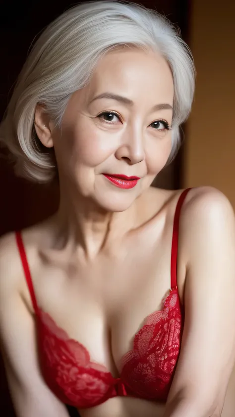 ((elderly Mature Woman)), ((concentrate)), (Full body image)(Beautiful woman), (news),Red Lingerie, gravure, Depict lips accurately, Red lipstick,Red Lingerie, senior citizen,Mature Woman, Flashy face, highest quality, super high quality, Realistic, ultra ...