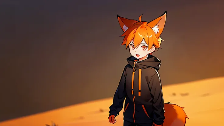 boy, fox orange ears, orange hair, cold black clothes, standing up, open mouth