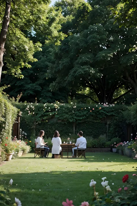 people in a garden with flowers and trees working