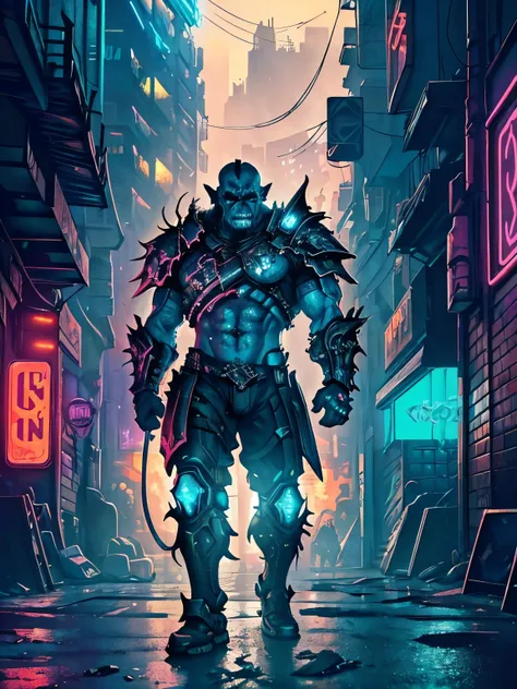 (realistic orc character in a cyberpunk street, illustration, pulsating neon lights, gritty atmosphere, metallic textures, detailed facial features, highly detailed armor and weapons, urban decay, chaotic cityscape, vibrant colors,high-res image)