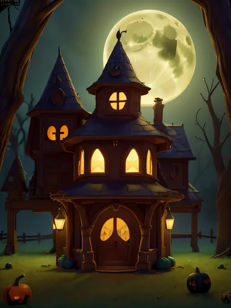 a spooky haunted house, pumpkins, bats flying, full moon, trick or treat, jack-o-lanterns, candy, halloween decorations, (best quality,4k,8k,highres,masterpiece:1.2),ultra-detailed,(realistic,photorealistic,photo-realistic:1.37),vibrant colors,chiaroscuro ...