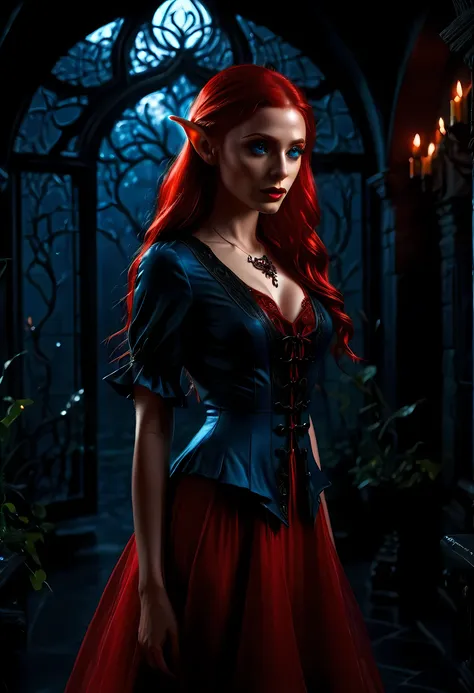 high details, best quality, 16k, [ultra detailed], masterpiece, best quality, (extremely detailed), full body, ultra wide shot, photorealistic, fantasy noir art, a beautiful female (elf: 1.4), mysterious. dark noir film, glam photoshoot, she has (red: 1.3)...