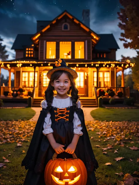 a happy girl in a halloween costume, smiling and holding a pumpkin basket, colorful autumn leaves and jack-o-lanterns in the background, vibrant colors, cinematic lighting, fantasy art, highly detailed, 4k, photorealistic

a group of children in colorful h...