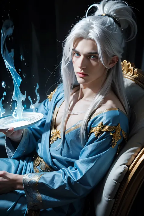 young man, very handsome, long white hair, blue eyes, wearing a blue tunic, blue fire flames, blue fire in the background of the image , blue fire, fox eyes, fuller face, with defined jawline, 8k, super detail, top quality, long white hair, no shirt , a go...