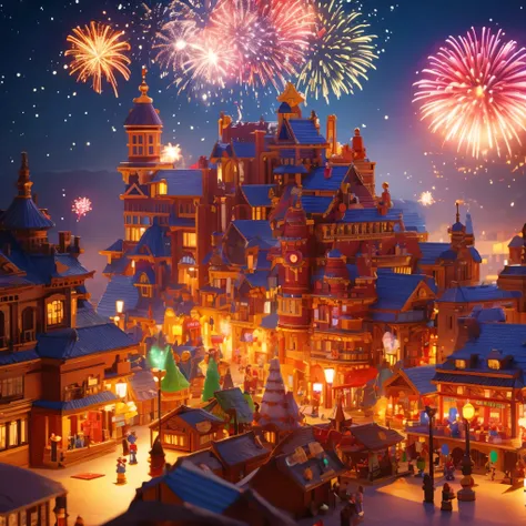 a group of toys character parade through a city with fireworks in the festival background, ultra detailed