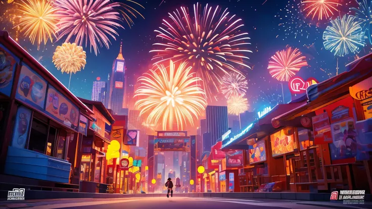 a cartoon character is walking through a city with fireworks in the festival background, game promotional poster, game poster, front cover of a new video game, ultra detailed