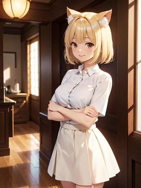 Blonde hair, short, medium hair, brown eyes, white shirt, white skirt, smile, house, standing, big chest, female, woman, girl, lady, cat ears, fluffy hair