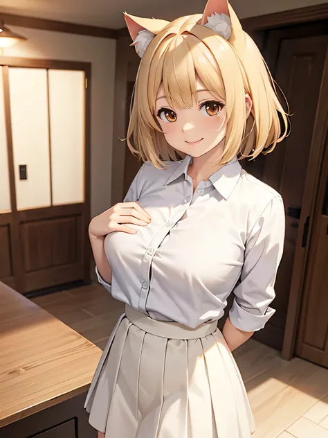 Blonde hair, short, medium hair, brown eyes, white shirt, white skirt, smile, house, standing, big chest, female, woman, girl, lady, cat ears, fluffy hair