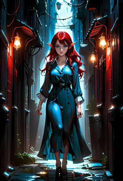 high details, best quality, 16k, [ultra detailed], masterpiece, best quality, (extremely detailed), full body, ultra wide shot, photorealistic, fantasy noir art, a beautiful female elf, mysterious. dark noir film, glam photoshoot, she has (red: 1.) hair, l...