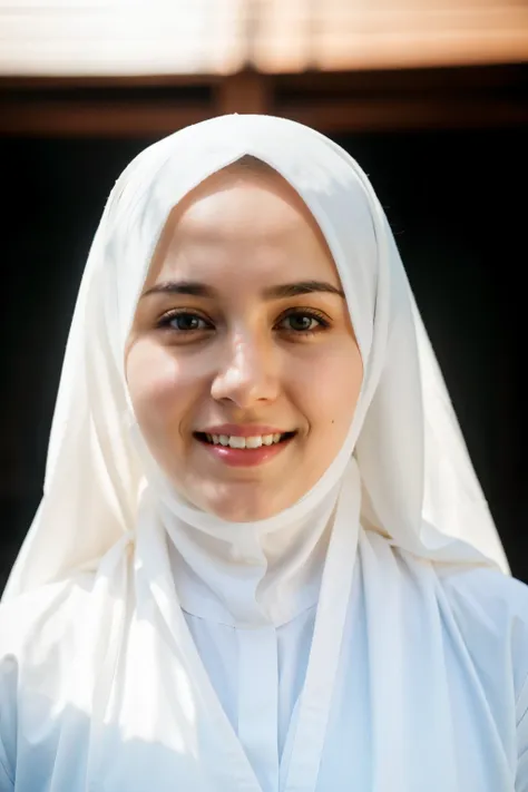 raw photo, face portrait photo of beautiful 26 y.o woman, cute pretty face, wearing islamic hijab and white abaya, happy face, h...