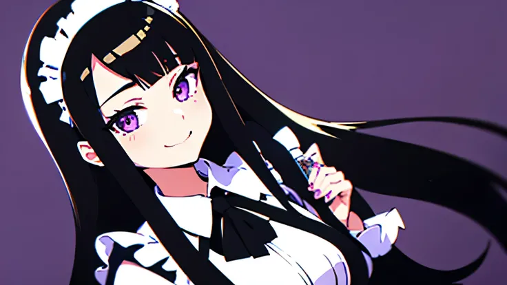 One girl with maid outfit. She is with mocking smile and firuous eyes. She is rich holding money. Her hair is long black, straight with bangs covering her forehead. Purple Background. Boku no Hero Academi Art Style. Blight Image with contrast.