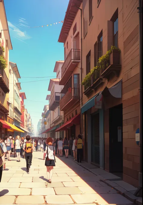 ((anime)), ((Crowd людей)), (masterpiece:1.2), Best quality, a high resolution, unity 8k wallpaper, (illustration:1.2), (((spanish street))), (((Crowd))), (noon), (summer)