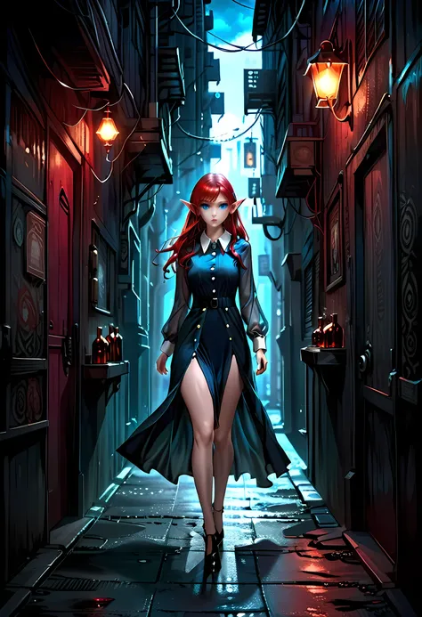 high details, best quality, 16k, [ultra detailed], masterpiece, best quality, (extremely detailed), full body, ultra wide shot, photorealistic, fantasy noir art, a beautiful female ((elf: 1.4)), mysterious. dark noir film, glam photoshoot, she has (red: 1....