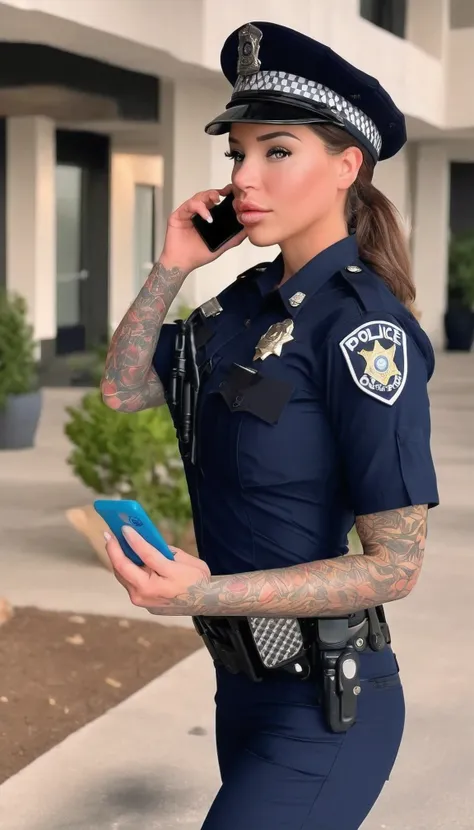 naked femalelaurence bedard in a police uniform holding a cell phone, wearing a police uniform with cap, police officer, police ...