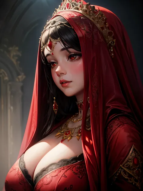 a chubby elegant woman in a red veil covering her eyes, fingers on her lips, long red nails, black background, photo-realistic, high quality, intricate details, oil painting, dramatic lighting, muted colors, mysterious atmosphere