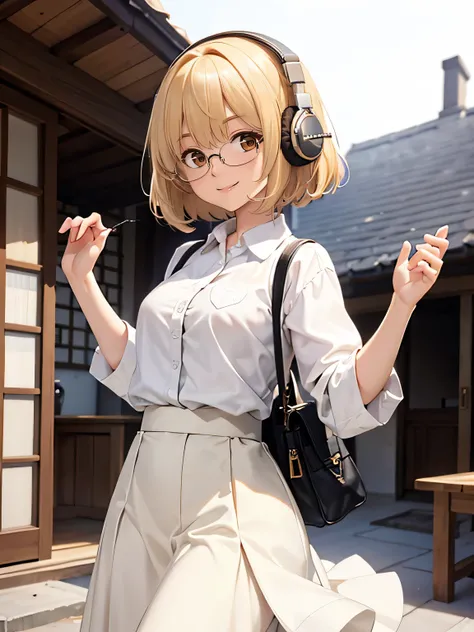 Blonde hair, short, medium hair, brown eyes, white shirt, white skirt, smile, house, standing, big chest, female, woman, girl, lady, fluffy hair, glasses, headphones, afro