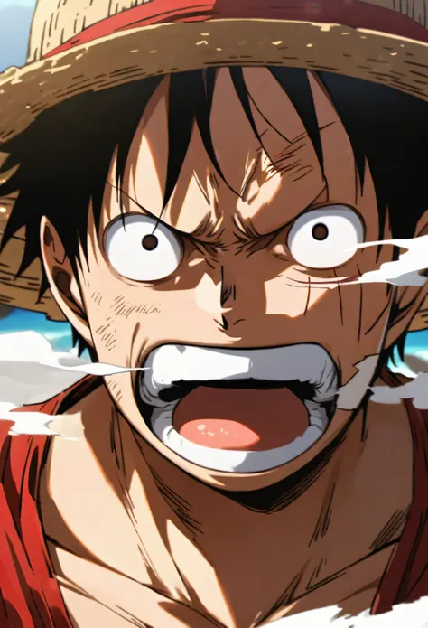 close-up of a luffy looking at the viewer, determined and determined face, (expelling white smoke from his mouth), shiny black e...