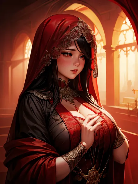 a chubby elegant woman in a red veil covering her eyes, fingers on her lips, long red nails, black background, photo-realistic, high quality, intricate details, oil painting, dramatic lighting, muted colors, mysterious atmosphere