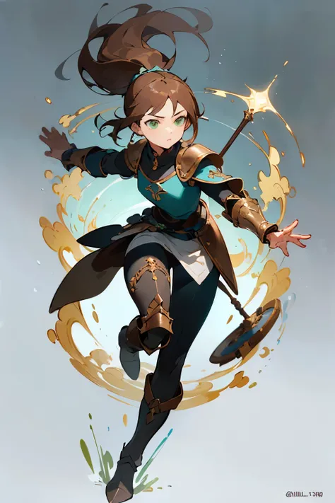 ((Medieval Fantasy Female Musketeer)), ((great Nature staff on left hand)), ((arcane tome on right hand)), ((blillant green eyes)), (brown hair in a low ponytail), ((athletic figure)), ((black leather armor), (plate boots), (focus expression), (height 160 ...