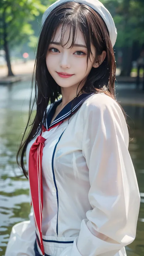 ((highest quality、Masterpiece、High resolution))、(((Zoom photo of upper body、Wet body、Wet Hair)))、(A shy smile:1.2)、One woman, aged 20、Beautiful Skin、Beautiful Eyes、Sailor suit、Trimmed bangs