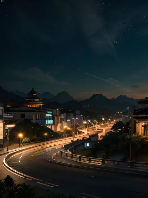 Arte Oficial, China antiga, Ruas Antigas, (Muitos vagalumes), (Noite), (lua), Luzes, Beautiful landscapes, epic landscapes, realistic lighting, Obras, alta qualidade, graphics beautiful, High detail, global ilumination, Unreal Engine Rendering, octane rend...