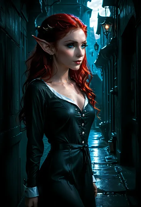 high details, best quality, 16k, [ultra detailed], masterpiece, best quality, (extremely detailed), full body, ultra wide shot, photorealistic, fantasy noir art, a beautiful female ((elf: 1.4)), mysterious. dark noir film, glam photoshoot, she has (red: 1....