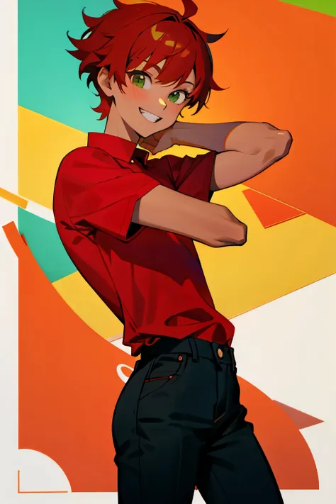 (masterpiece), ((sfw)), best quality, expressive eyes, perfect face, , (1girl,, young adult, handsome girl, flat body), solo, red hair messy short Wolf cut hair, green eyes BREAK (tanned skin, tanned male), cowboy shot, smile, grin, red t-shirt BREAK black...