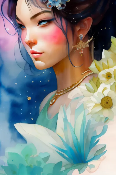 this is a realistic and detailed watercolor fantasy image. generate a beautiful ethereal woman with beautiful detailed eyes and ...